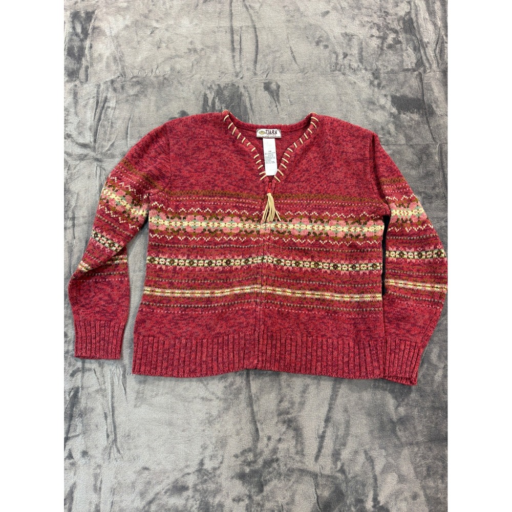 Tiara Petites Sweater Womens Red Fair Isle Whipstitch Zip Tassel PM